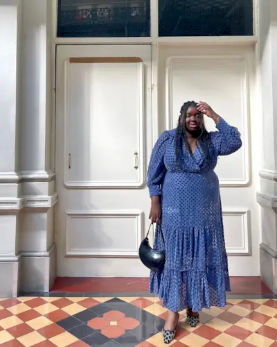 @abimarvel wearing a blue shirt dress and slingbacks