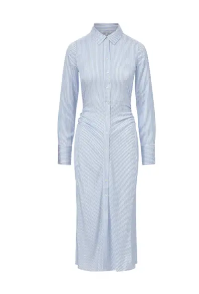 @aimeesong wearing a blue slip skirt, t-shirt and ballet flats