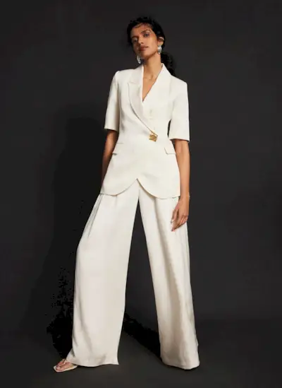 Cream Pleated Wide Satin Trousers