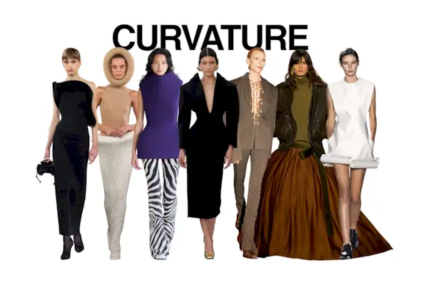 A collage of F/W 25 runway looks by Magda Butrym, Alaïa, Duran Lantink, Givenchy, Schiaparelli, Saint Laurent, and Victoria Beckham with the word 'Curvature in black bold letters in the top center.