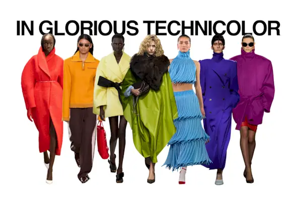 A collage of F/W 25 runway images from Ashlyn, Tory Burch, Givenchy, Prada, Alaïa, Dries Van Noten, and Saint Laurent with the words 'In Glorious Technicolor in black block letters in the top center.