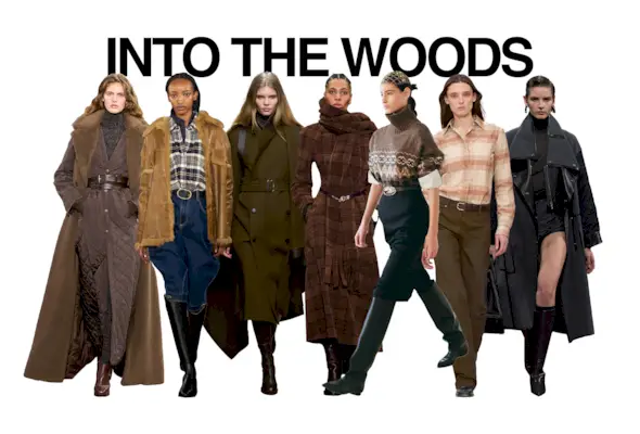 A collage of F/W 25 runway looks by Max Mara, TWP, Tod's, Burberry, Altuzarra, Calvin Klein, and Hermès with the title 'Into the Woods' in black block letters in the top center.