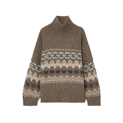 Mock-Neck Fitted Sweater in Fair Isle Wool Knit