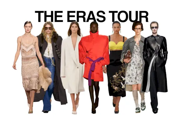 A collage of F/W 25 runway images from Fendi, Chloé, Calvin Klein, Saint Laurent, Givenchy, Miu Miu, and Tom Ford with the words 'The Eras Tour written in black capital letters in the top center.
