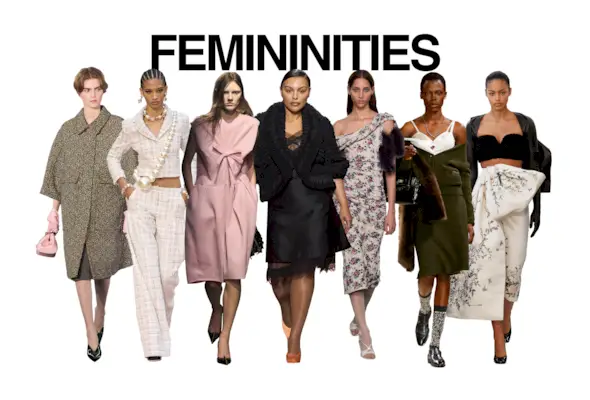 A collage of F/W 25 runway images from Gucci, Chanel, Prada, Fendi, Tory Burch, Miu Miu, and Givenchy with the word 'Femininities in black block letters in the top center.