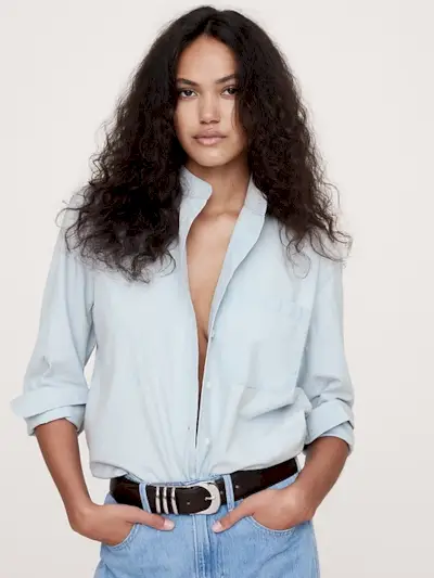 The Oversized Banded-Collar Denim Shirt