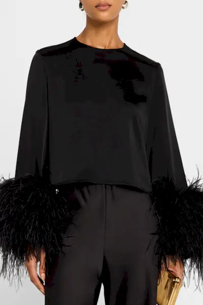 Lapointe Feather-Trim Long-Sleeve Crop Satin Top
