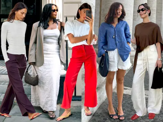 a fashion collage of style influencers wearing the chicest sandals trends of 2025 including flip-flips, suede sandals, mule kitten-heels, and jelly sandals