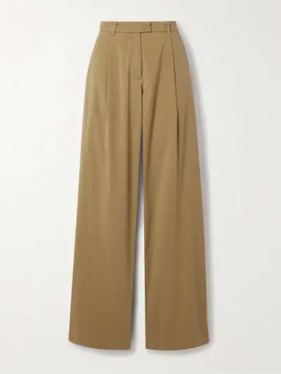 Pleated Organic Cotton-Blend Twill Wide-Leg Pants