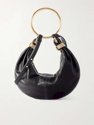 Bracelet Embellished Glossed Textured-Leather Shoulder Bag