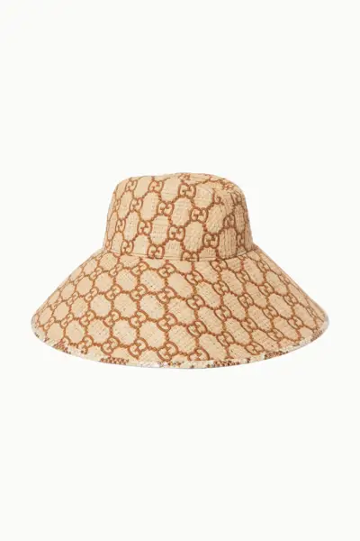 Gucci + Watersnake-Trimmed Embroidered Raffia Hat