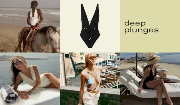 Collage of women wearing swimsuits with deep plunges.