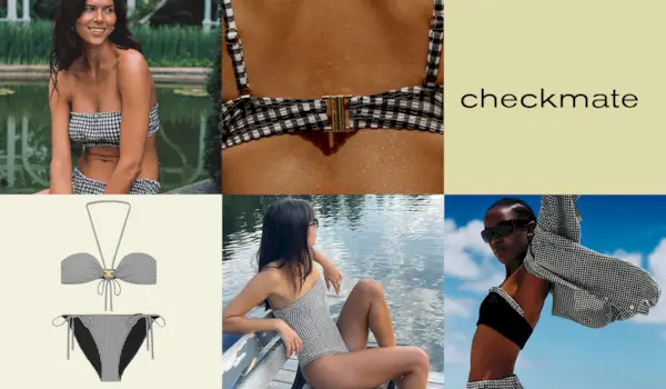 Collage of women wearing gingham swimwear.