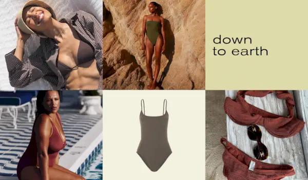 Collage of earth-tone swimwear.