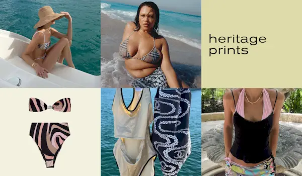 Collage of swimwear with heritage prints.
