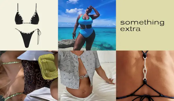 Collage of swimwear with stone and metal hardware.