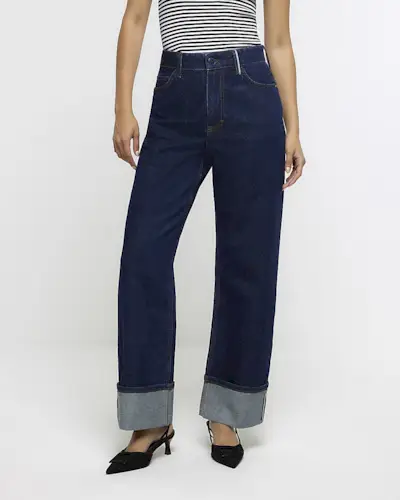 River Island + Blue High Waisted Wide Leg Turn Up Jeans
