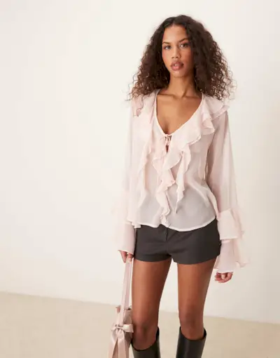 Asos Design Ruffle Detail Long Sleeve Top in Pink