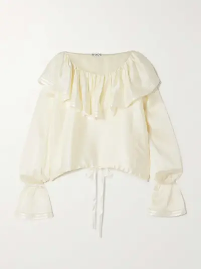 Claret Off-The-Shoulder Ruffled Pointelle-Trimmed Hammered-Silk Blouse