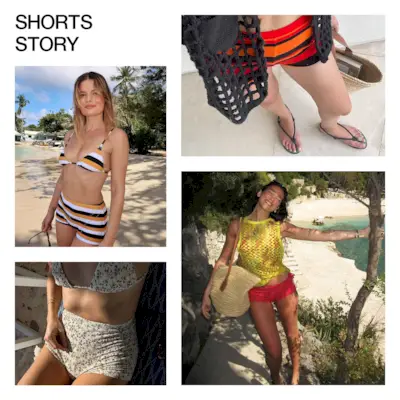 A collage of celebrity and influencer imagery featuring the summer 2025's swim shorts trend.