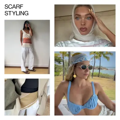 A collage of celebrity and influencer imagery featuring the summer 2025's scarf styling trend.