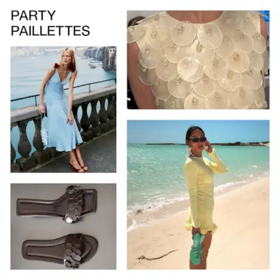 A collage of influencer imagery featuring the summer 2025's paillette trend.