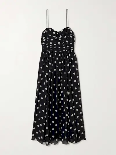 Maryanna Bow-Detailed Ruched Polka-Dot Silk-Georgette Midi Dress