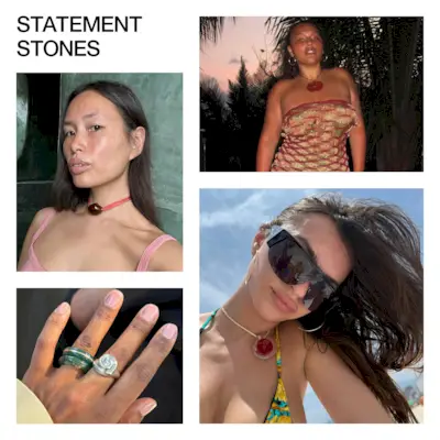 A collage of celebrity and influencer imagery featuring the summer 2025's stone jewelry trend.