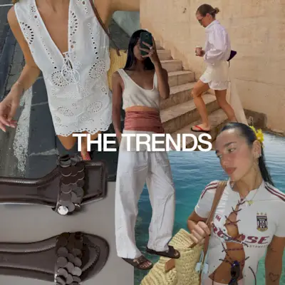 A collage of celebrity and influencer imagery featuring the biggest vacation trends of summer 2025.