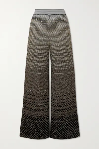 Sequined Striped Metallic Crochet-Knit Wide-Leg Pants