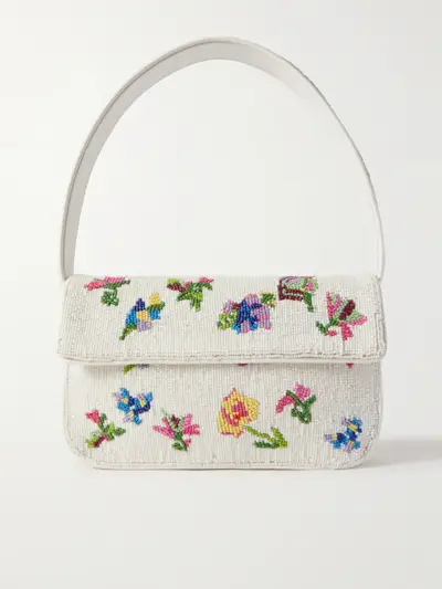 Tommy Vegan Leather-Trimmed Beaded Satin Shoulder Bag