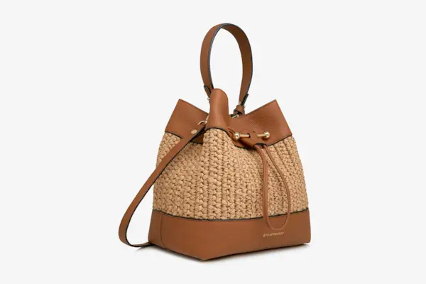 Strathberry bucket bag in brown leather and raffia