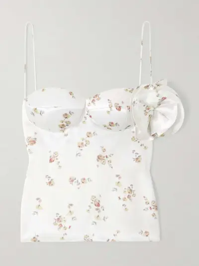 Appliquéd Floral-Print Silk Bustier Top