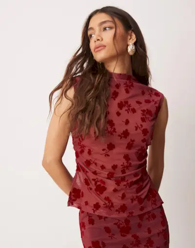 Asos Design Ruched Side High Neck Flocked Mesh Co Ord Top in Red