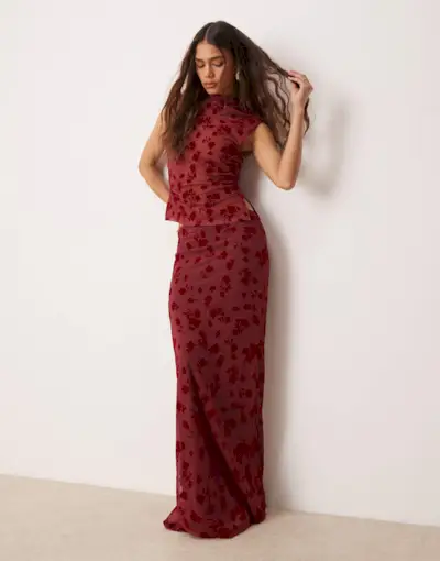 Asos Design Flocked Mesh Low Rise Co Ord Maxi Skirt in Red
