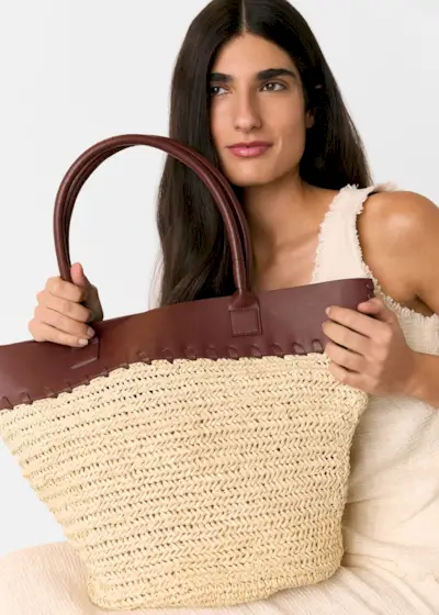 Neutral Ruhi Collar Straw Tote