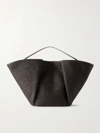 Leather-Trimmed Raffia Tote