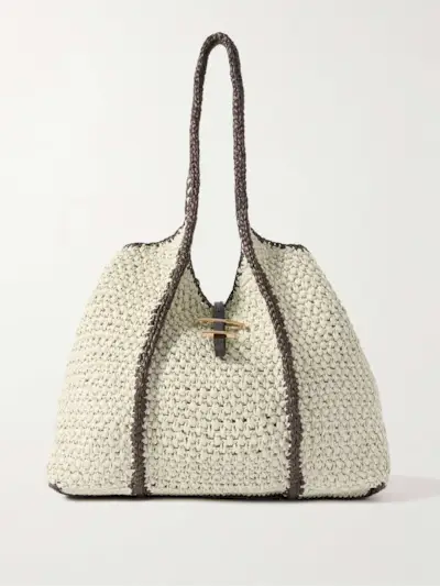 T Timeless Large Leather-Trimmed Crocheted Raffia Tote