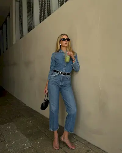 Woman wearing denim on denim outfit fall 2025.