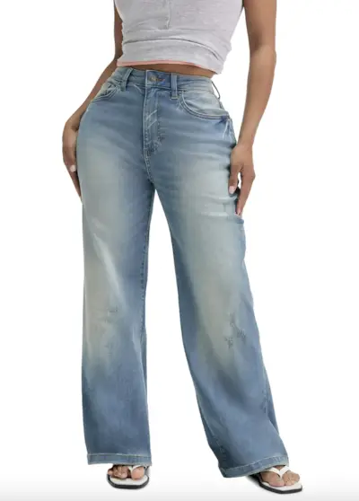 Woman wearing denim on denim outfit fall 2025.
