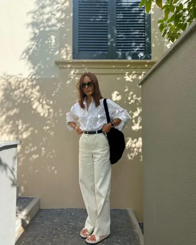 Button-down with wide-leg trousers and accessories