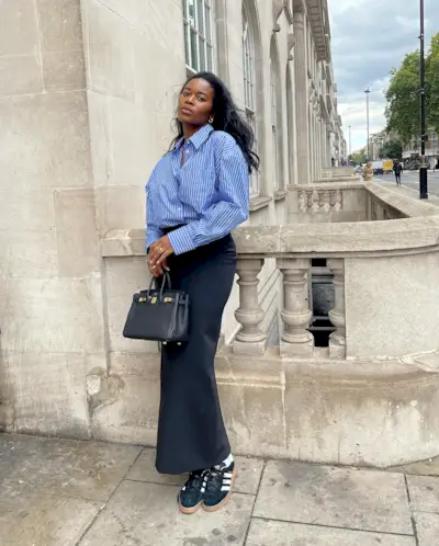 Button-down with maxi skirt and sneakers