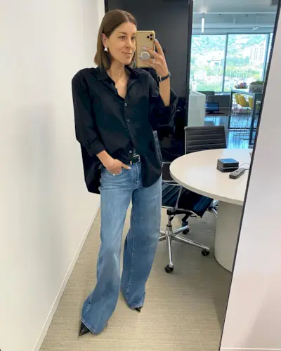 Button-down with wide-leg jeans and belt