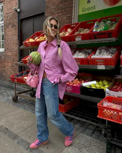 Button-down with jeans and sneakers