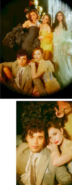 The cast of Fear Street: Prom Queen pose together in prom-themed photos.