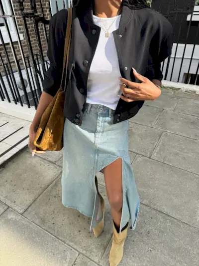 woman wearing fall skirt outfit 2025