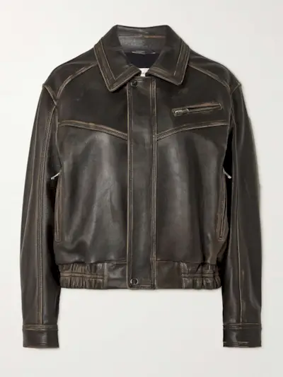 Clint Oversized Paneled Distressed Leather Bomber Jacket