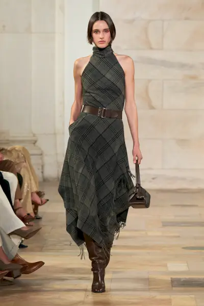 A model wears brown boots on Ralph Lauren's autumn/winter 2025 runway