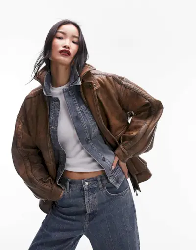 Topshop Premium Real Leather Oversized Bomber Jacket in Tan