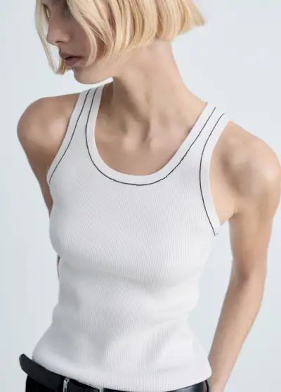 MANGO, Ribbed Top With Contrasting Trim